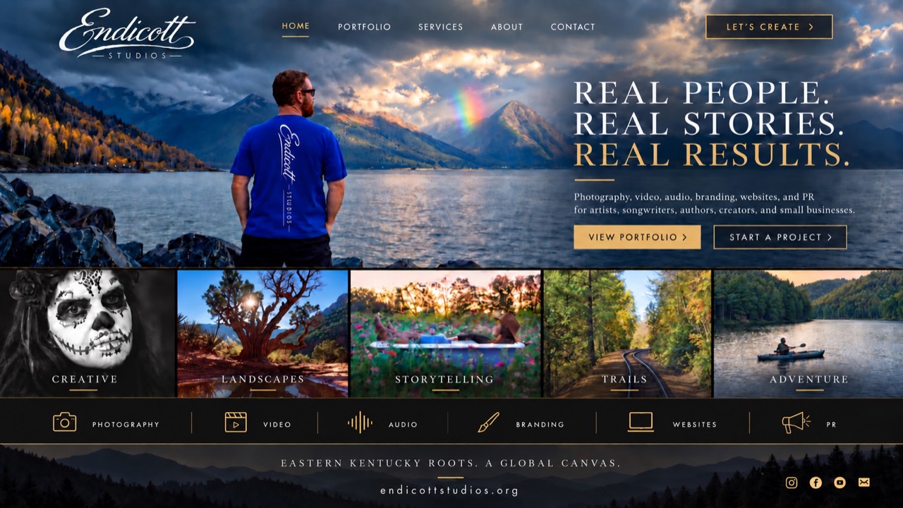 Endicott Studios photography overlooking a mountain lake, with portfolio categories and creative services